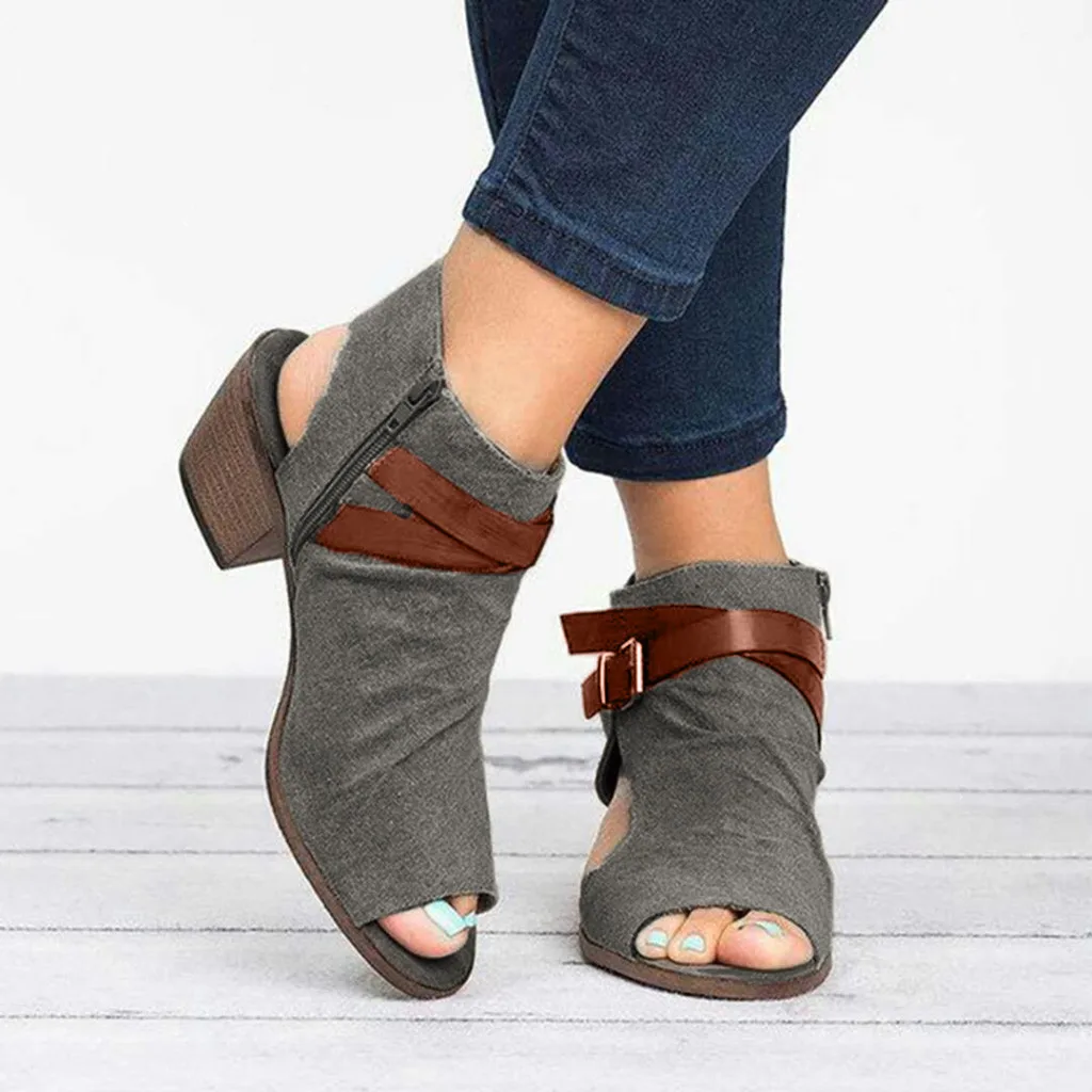 Модные женские сандалии летние женские сандалии на молнии босоножки с застежкой на щиколотке; квадратный каблук; дышащая открытый носок стильная женская обувь из парусины Sandles Zapatos Mujer обувь T9