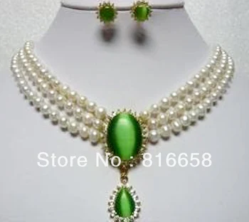 

Free shipping@@beautiful 3rows white pearl green opal earrings pendant necklace set
