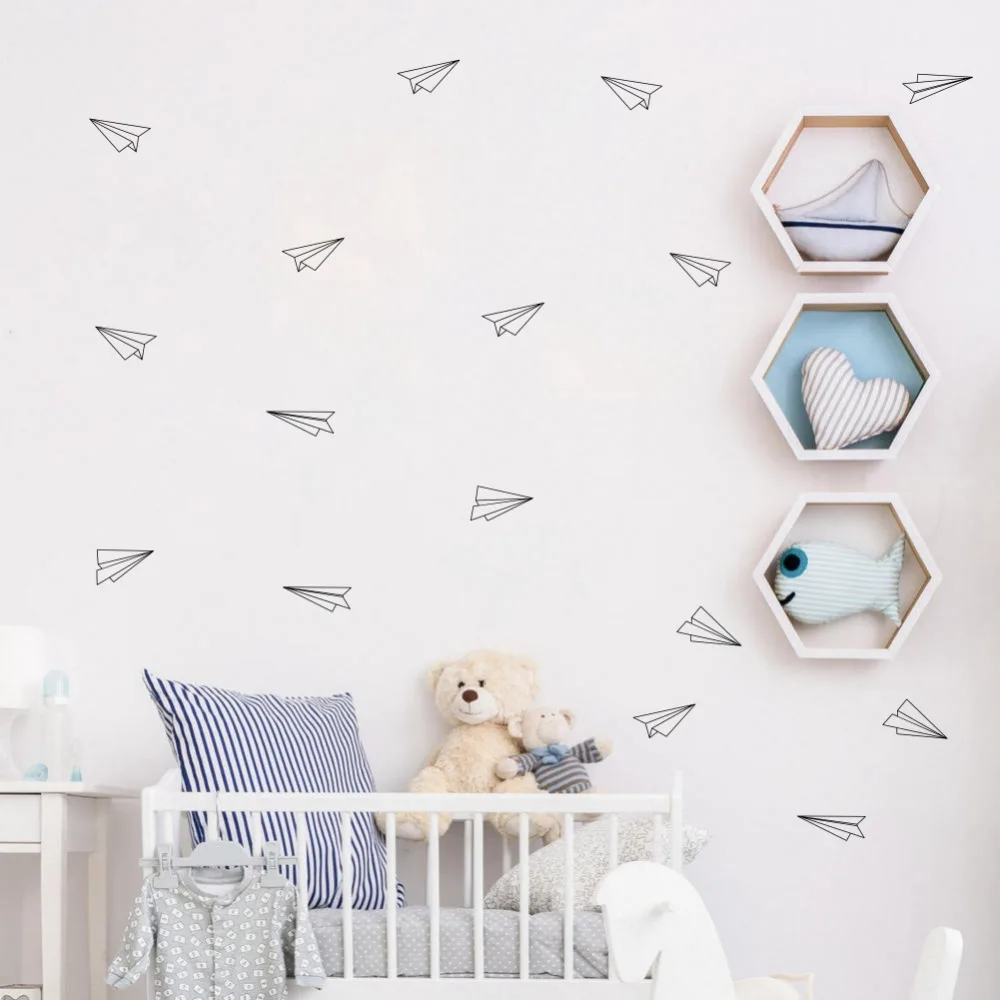 Flying-Paper-Airplanes-Wall-Stickers-Art-Mural-for-Kids-Room-Decorations-Set-of-16-Airplane-Decals