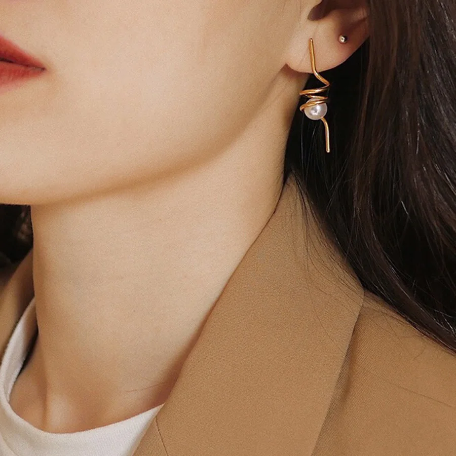 

Designer Jewelry Fashion Round Pearl Earrings Stainless Steel Gold Color Dangle Earrings For Women Luxury Elegant Bijoux Gift