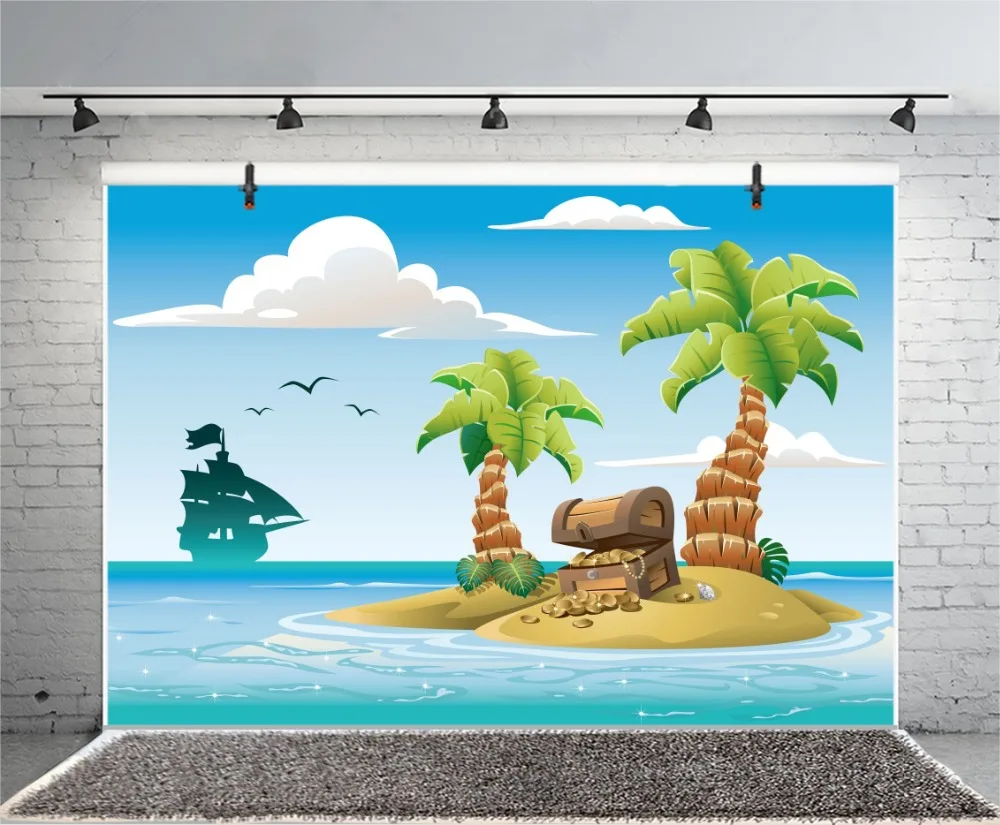 Laeacco Cartoon Sea Island Palm Trees Treasure Baby Photography Backgrounds Customized Photographic Backdrop For Photo Studio