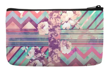

Retro Pink Turquoise Floral Stripe Chevron Geometric Pattern Print Customized Small Cosmetic Bag Wristlet Makeup Bags