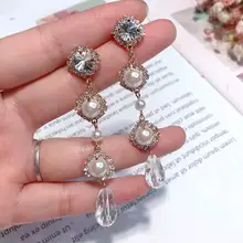 MENGJIQIAO 2018 yeni zarif Rhinestone kristal kolye uzun Pendientes Mujer Moda Moda Simulatd inci mizaç küpe