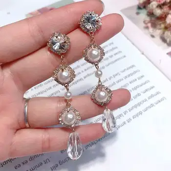 

MENGJIQIAO 2018 New Elegant Rhinestone Crystal Pendant Long Pendientes Mujer Moda Fashion Simulatd Pearl Temperament Earrings