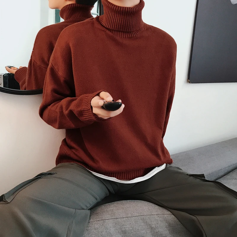 Sweater winter high collar warm thick sweater men's high collar brand slim pullover men's loose long sleeves knitted sweater