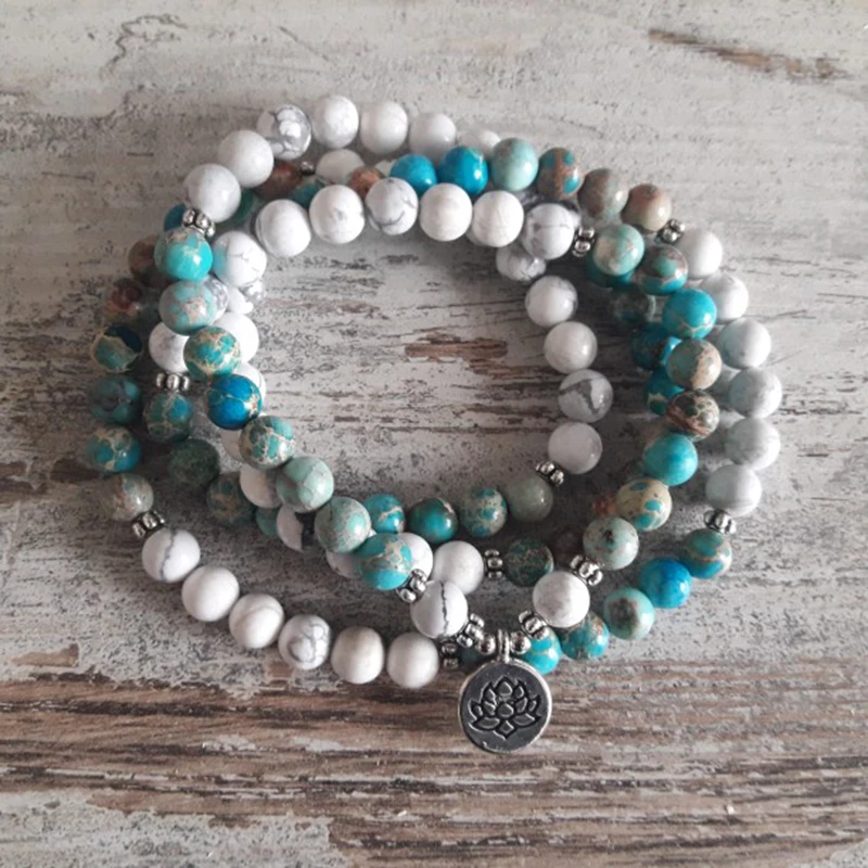 

Fashion Designer Natural Howlite Regalite Stone Mala Bracelet 108 Beads Multi Wrap Bracelet Necklace High Quality Lotus Bracelet