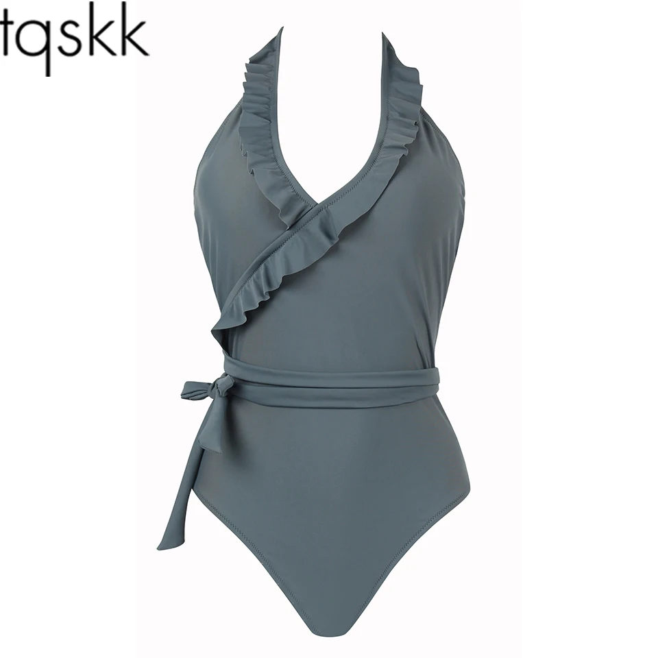 Billige TQSKK 2019 Neue Ankunft Sexy Einem Stück Badeanzug Plus Größe Frauen Bademode Falbala Monokini Rüsche Feste Damen Strand Badeanzug