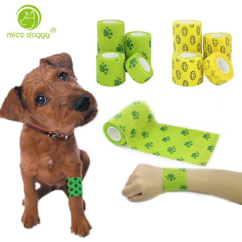 

S-XL 1Roll Non-woven Fabric Breathable Tearing Pet Bandage with Footprint Decor Self-adhesive Elastic Bandage Pet Dog Supplies