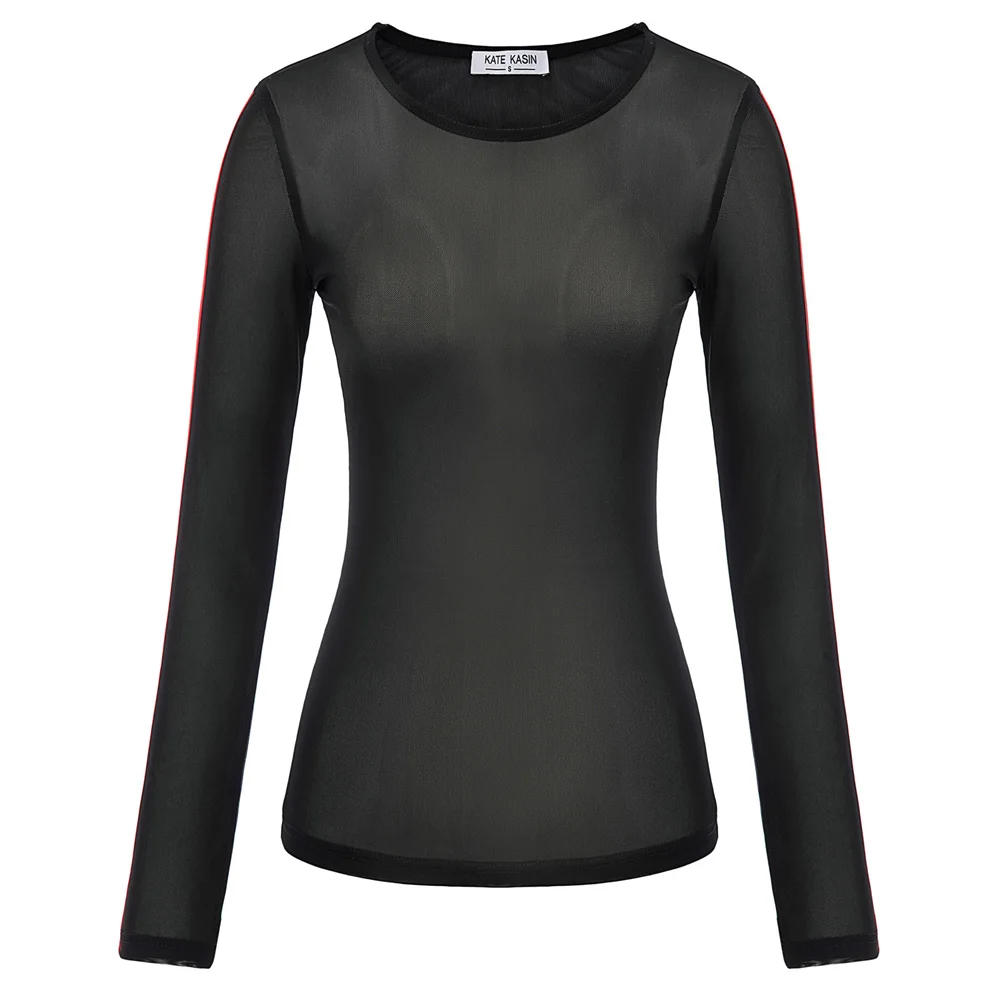 Kate Kasin Women's Clubwear Sheer Long Sleeve Pure Mesh Tops Tee See Through Net Bodysuit Sey Shirt for Women | Женская одежда
