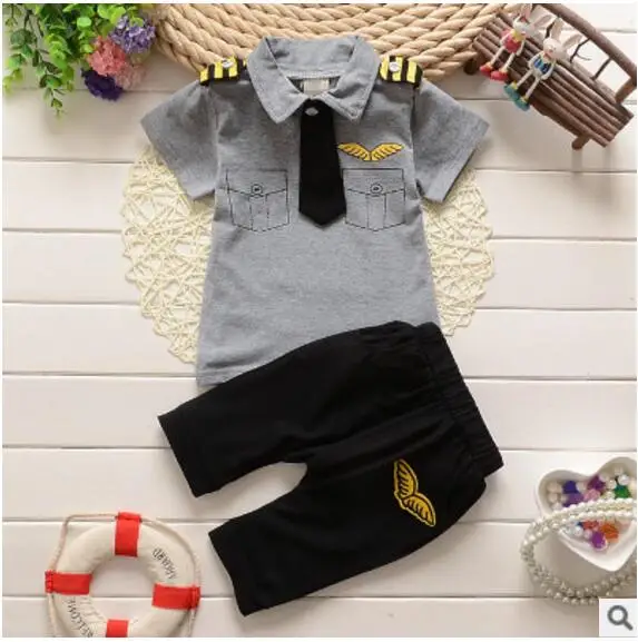 Детская одежда для мальчиков; Летние Стильные топы с короткими рукавами и галстуком+ брюки; Спортивный костюм; комплект одежды для девочек; Повседневный детский Морской Костюм - Цвет: gray