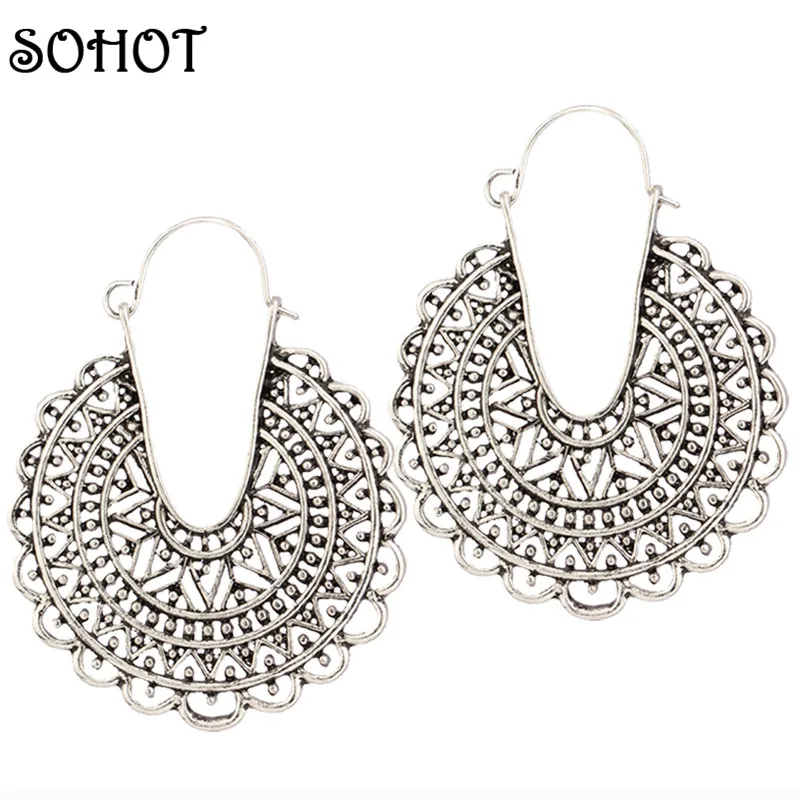 

SOHOT Trendy Statement Jewelry Nickel Free Vintage Silver Carved Sun Stars Pattern Hoop Earrings Female Girl Party Birthday Gift