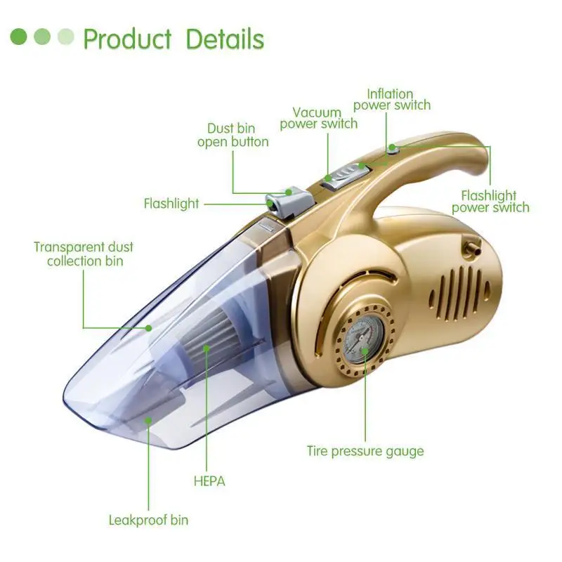 4 в 1 Многофункциональный 12 в 120 Вт 150 фунтов/кв. дюйм мокрого сухого автомобиля пылесос портативный автомобильный воздушный компрессор шин с светодиодный светильник