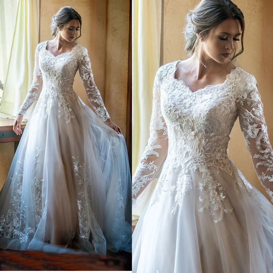 Vestido de novia свадебное платье трапециевидной формы с v-образным вырезом и длинными рукавами, кружевная отделка бисером и пуговицами