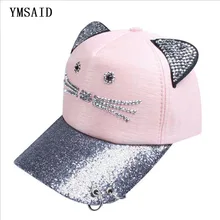 Ymsaid горный хрусталь Snapback милые кошачьи уши блестки кольцевая сетка бейсболки женские регулируемые Gorras Planas хип-хоп кости Casquette