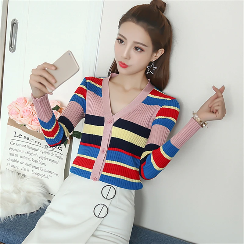 

New contrast color striped long-sleeved sweater women cardigan women