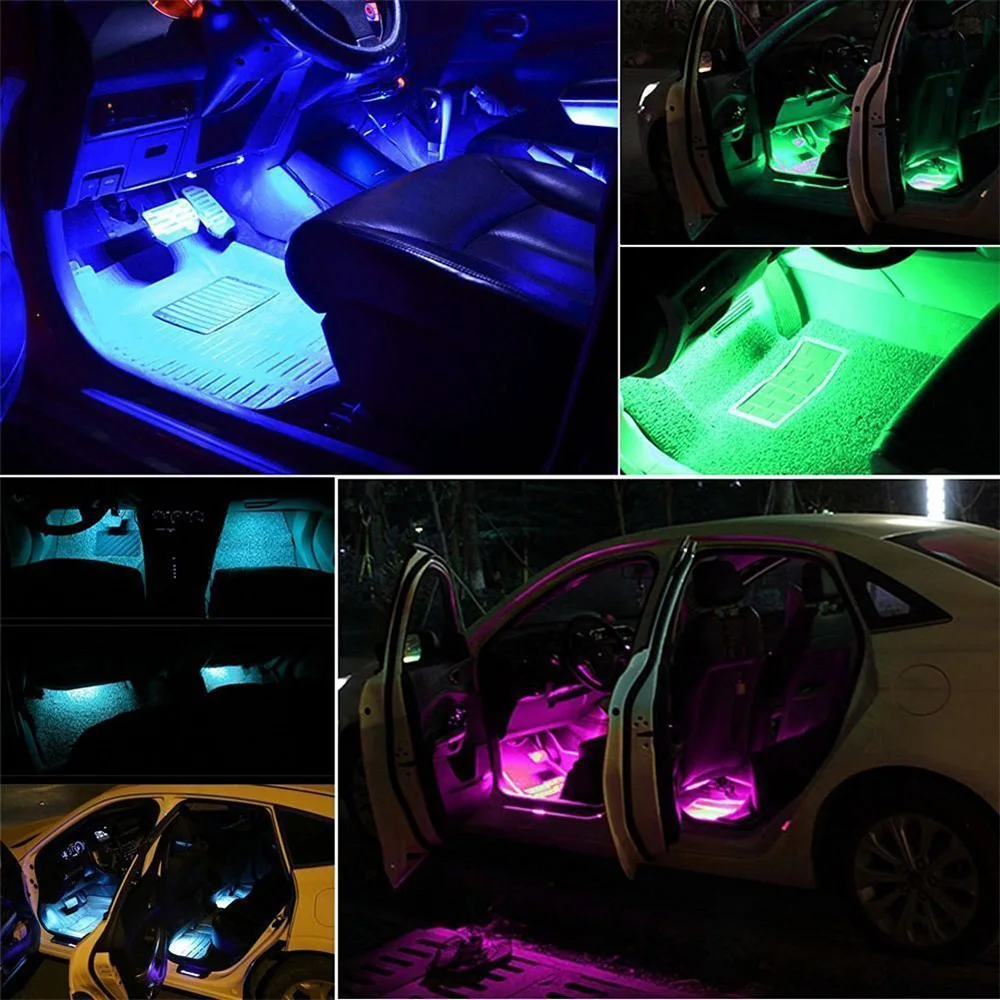 Автомобиль атмосфера полосы света светодио дный 4 шт. 12 В 5 в 5050 USB RGB неоновый автомобиль интерьерная лампа красочный голосовой