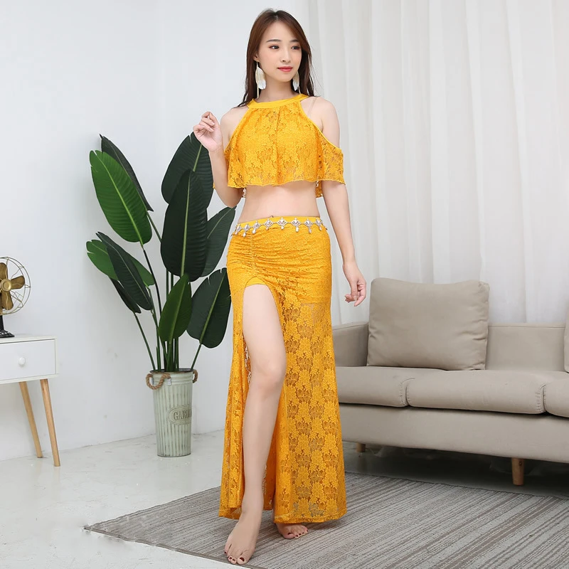 

2019 Women Dance Wear Off-shoulder Top and Skirt Side Slit Belly Dance Costume Set for Girls Floral Lace Dress