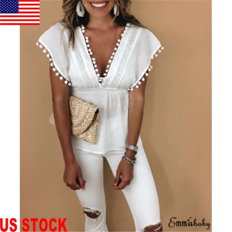 

Fashion Women Summer Loose T-shirt Casual Ladies Sleeveless White Tees Tops Lace New 2019 Tassel Ball Deep V-neck T Shirt Tops