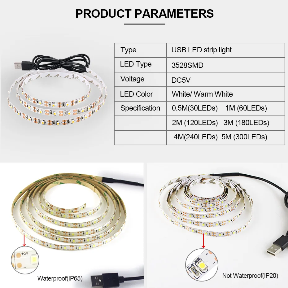 RGB Светодиодная лента Водонепроницаемая 2835 2 м 5 м DC5V Fita светодиодный светильник полоса 60 светодиодный s/M Водонепроницаемая usb Светодиодная лента для украшения дома лампа A1