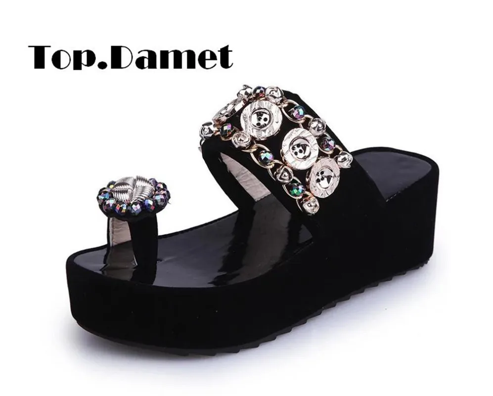 

Top.Damet Women Fashion Platform Wedge Heels Crystal Flowers Casual Beach Summer Outside Ladies Woman Flip Flops Slippers