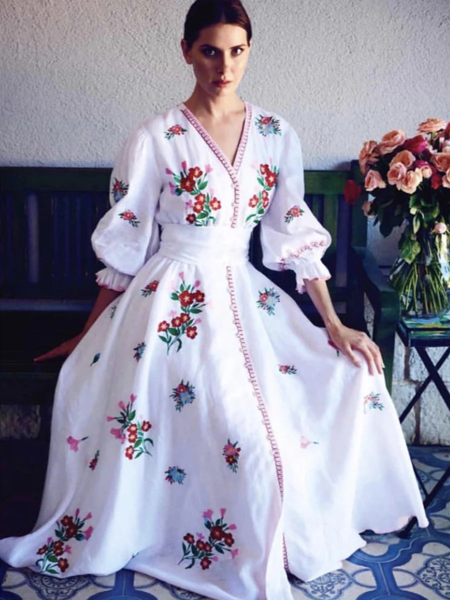 Floral Embroidered Midi Dress Women White Bohemian Chic Party Dresses ...