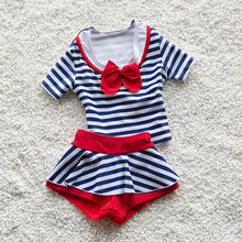 Дети Прекрасный синий в полоску качество купальник для маленьких девочек принцесса купальники две части банный костюм красный детская пляжная одежда M-2XL
