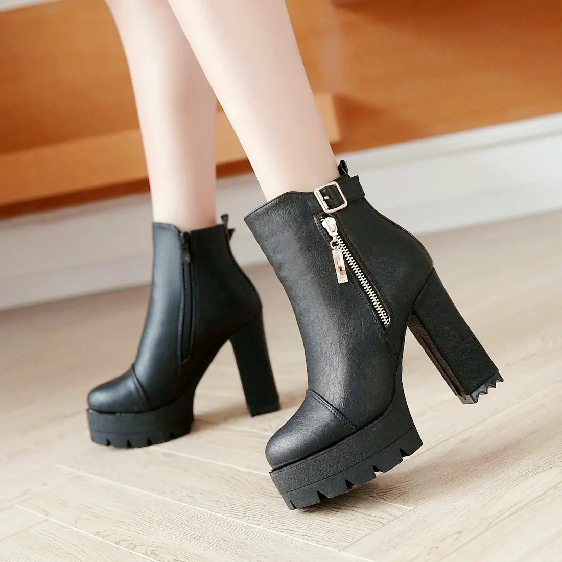 Fashion Platform Ankle Boots Square High Heel Winter Boots Women Zipper ...