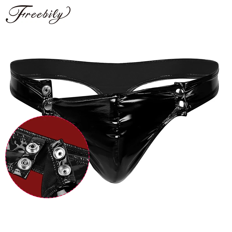 Mens Wetlook Faux Leather Snaps Low Rise Bikini Briefs Underwear New