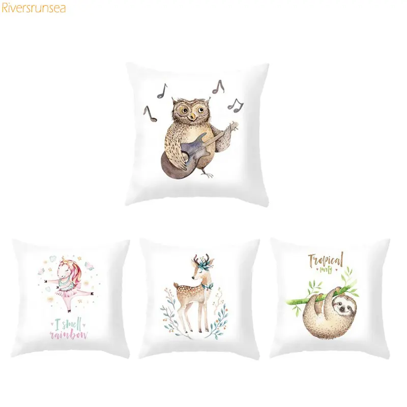 

Watercolor Birds Feathers Boho Owl Cushion Bear Deer Pillow Home Decor Coussin Nordic Style Sofa Pillow Child Cuscino Decorativo