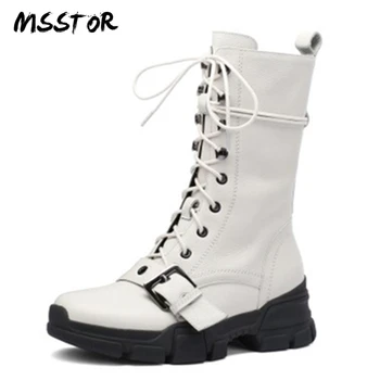 

MSSTOR Casual Cross-tied Women Sneakers Round Toe Rubber Genuine Leather Wedges Ankle Boots Buckle Strap Winter Shoes Women 5CM