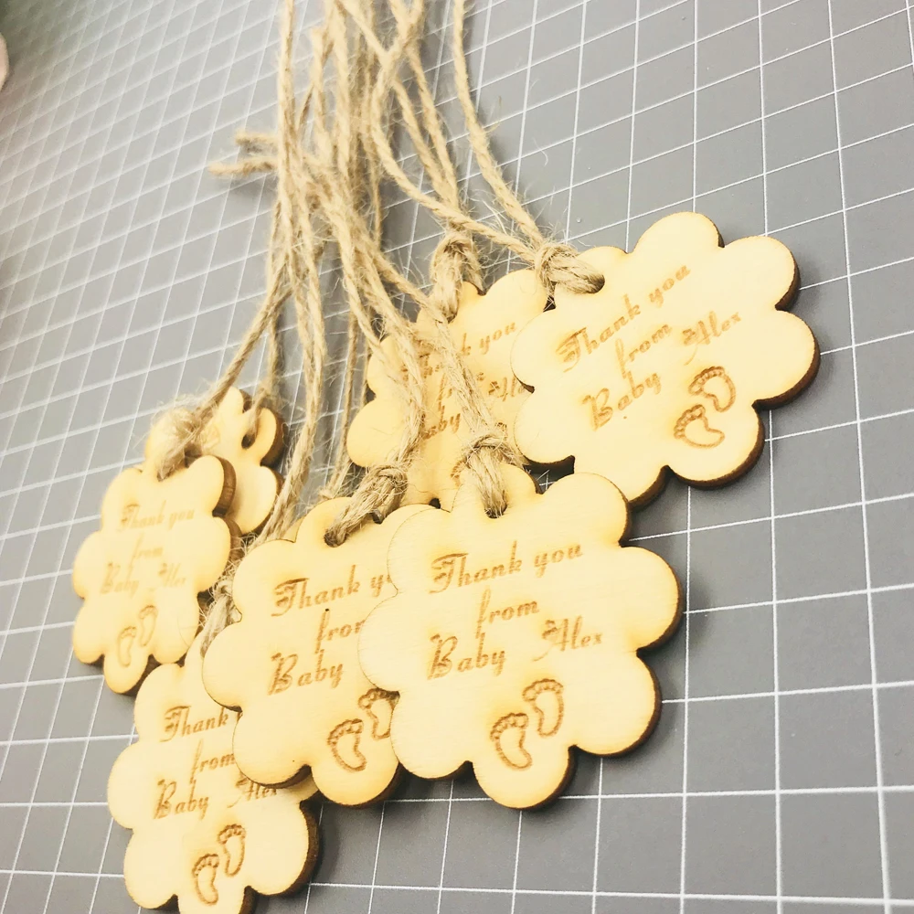 50pcsPersonalized custom Engraved wedding Baby shower wood Wedding Gift Tags+Jute String ,Thank you baby shower flower wood Tags