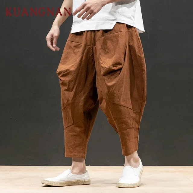 KUANGNAN Japan Style Linen Wide Leg Pants Men Jogger Japanese ...