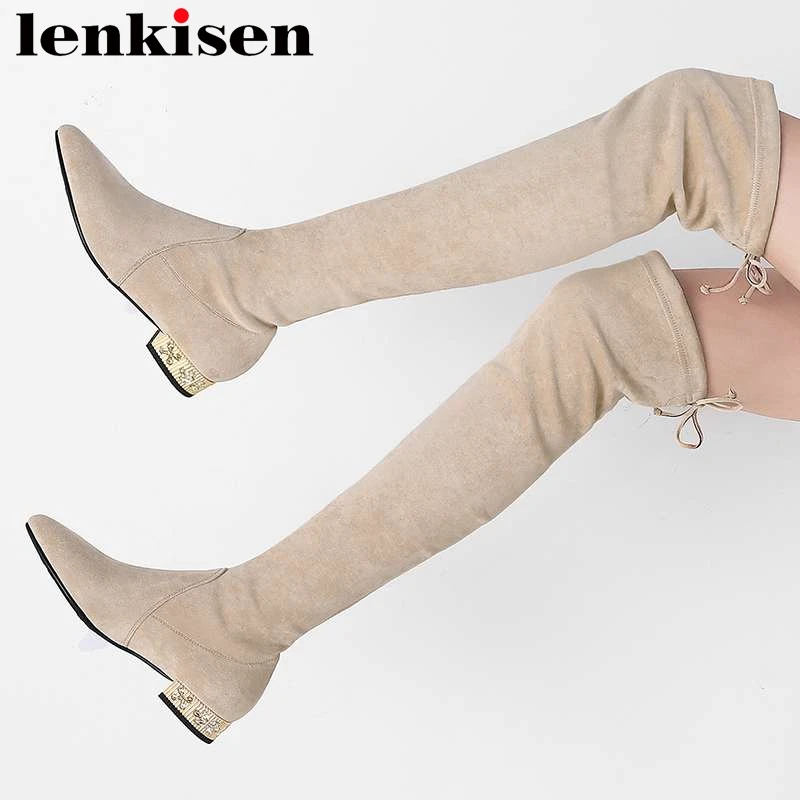 

2018 new fashion slender design plus size pointed toe solid low heels bowtie slip on thigh high boots diamond winter shoes L03