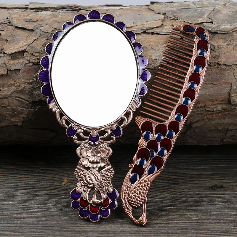 

European peacock large size metal Carry Folding makeup mirror with comb Hand Hold Cosmetic Mirror With Handle For Gifts HZJ015