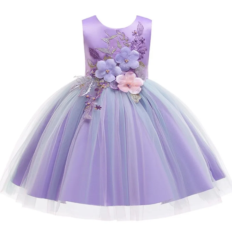 Детская одежда с юбкой-пачкой в цветочек элегантные атласные кружевные платья без рукавов для девочек, вечерние платья принцессы для детей 3, 4, 6, 8, 10, 12 лет - Цвет: purple