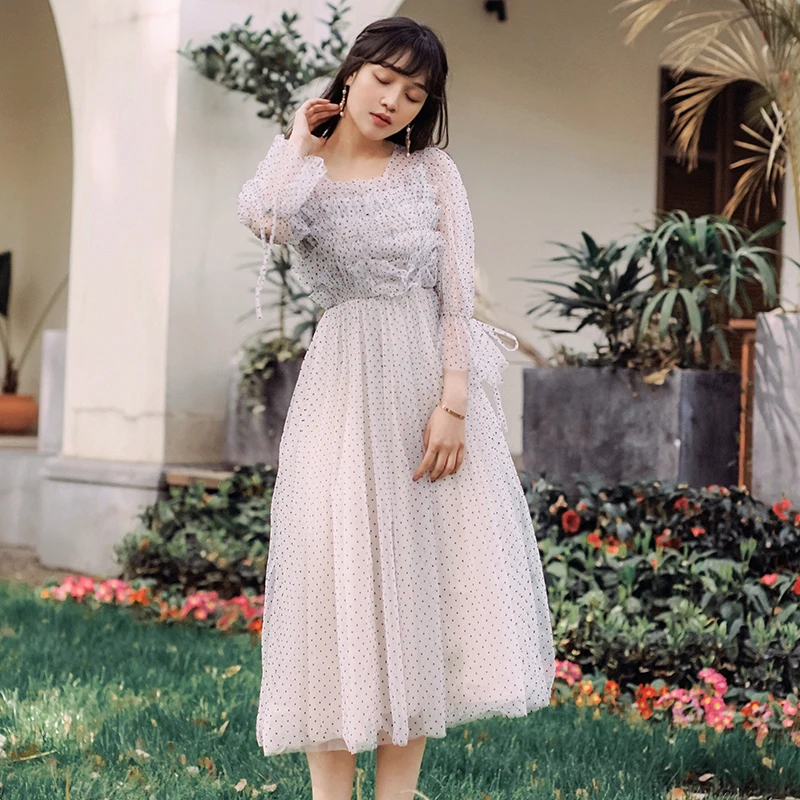 

2019 new fashion women's dresses Popular summer thin princess dress dot dress high waist mesh