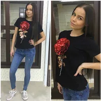 Jojo 2016 Brand New Summer t shirt female white black ladies 3d rose flower sequin tops t-shirt for women camisetas mujer