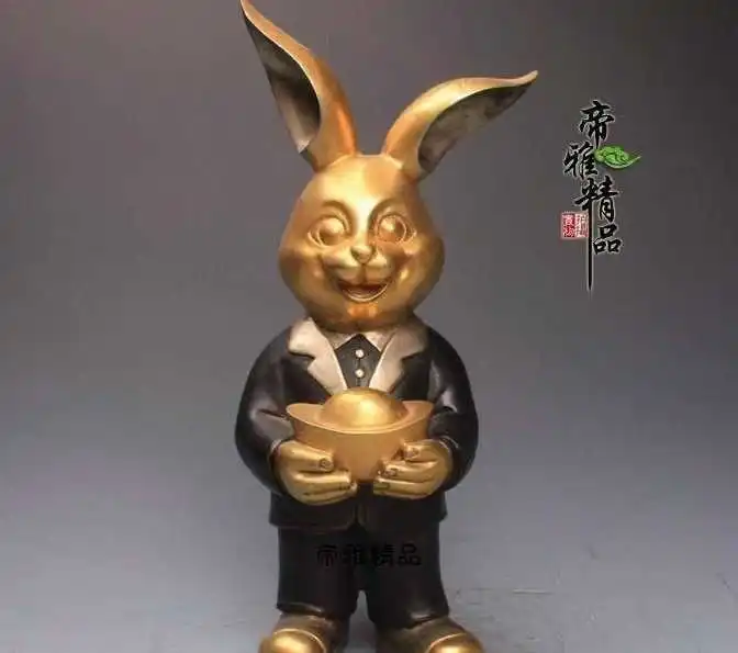 

Chinese Bronze Copper 24K Gold Gild Silver Zodiac Rabbit Wealth Yuanbao Statue