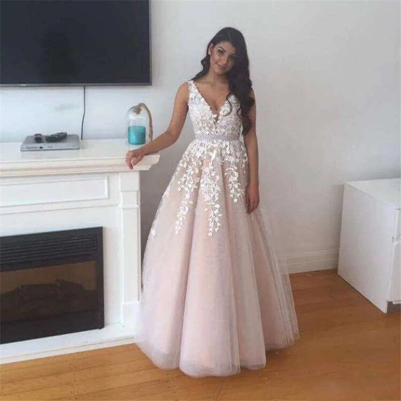 Blush Robe De Soiree 2019 A-line V-neck Tulle Appliques Lace Beaded Elegant Long Prom Dresses Prom Gown Evening Dresses