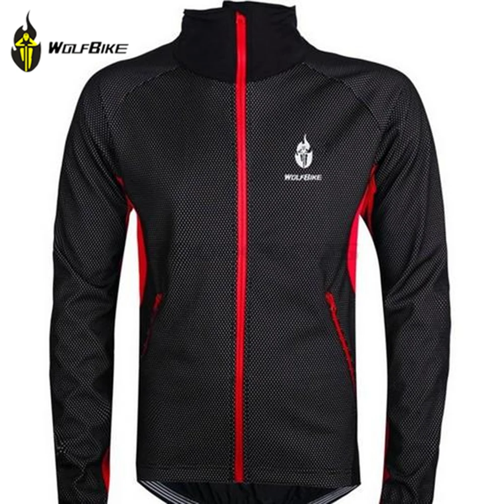 

WOLFBIKE Men Fleece Thermal Winter Wind Cycling Jacket Windproof Bike Bycle Coat Clothing Long Sleeve Jersey black with red
