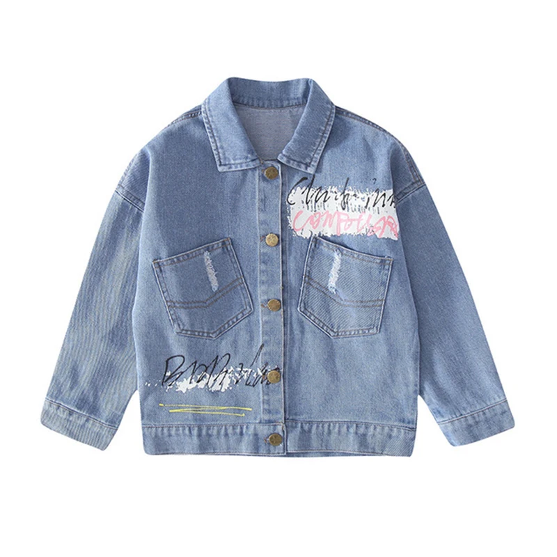 Rlyaeiz Kids Denim Girl's Jacket Coat 2019 Spring Fashion Printed Casual Water Washing Children Girls Jeans Jackets For 5-13Y | Детская