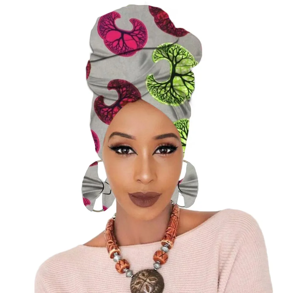 Print turban traditional African headscarf women headtie with earring (10)