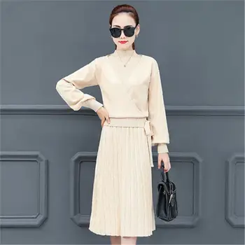

2019 Spring Autumn Women Solid Slim Knit Sweater+Sleeveless Draped Dress 2 Piece Suits Female Streetwear Party Casual Sets Z333