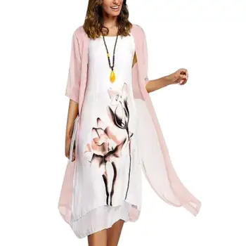 

Fashion 2Pcs/Set Women Vintage Flower Ink Painting Sleeveless Kaftan Dress with Cardigan