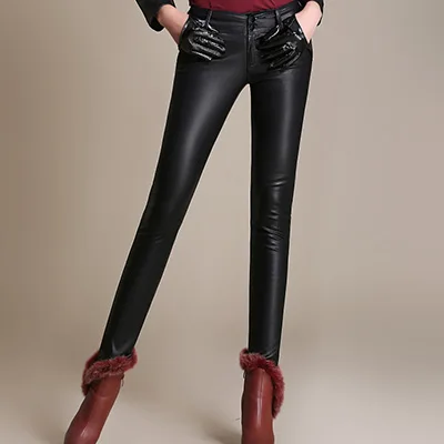 Женские брюки из искусственной кожи с высокой талией, зимние теплые флисовые Длинные обтягивающие повседневные брюки-карандаш с пуговицами, женские брюки больших размеров XXXL - Цвет: Black