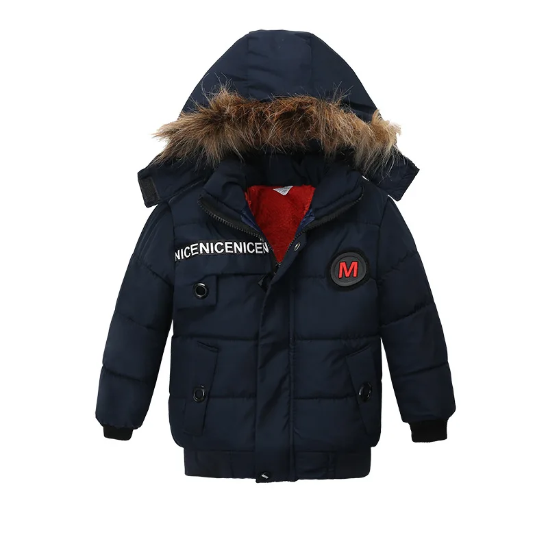 Winter Warm Thicken Fur Collar Child Coat Children Outerwear Windproof Fleece Liner Baby Boys Jackets For 90-110cm - Цвет: Navy