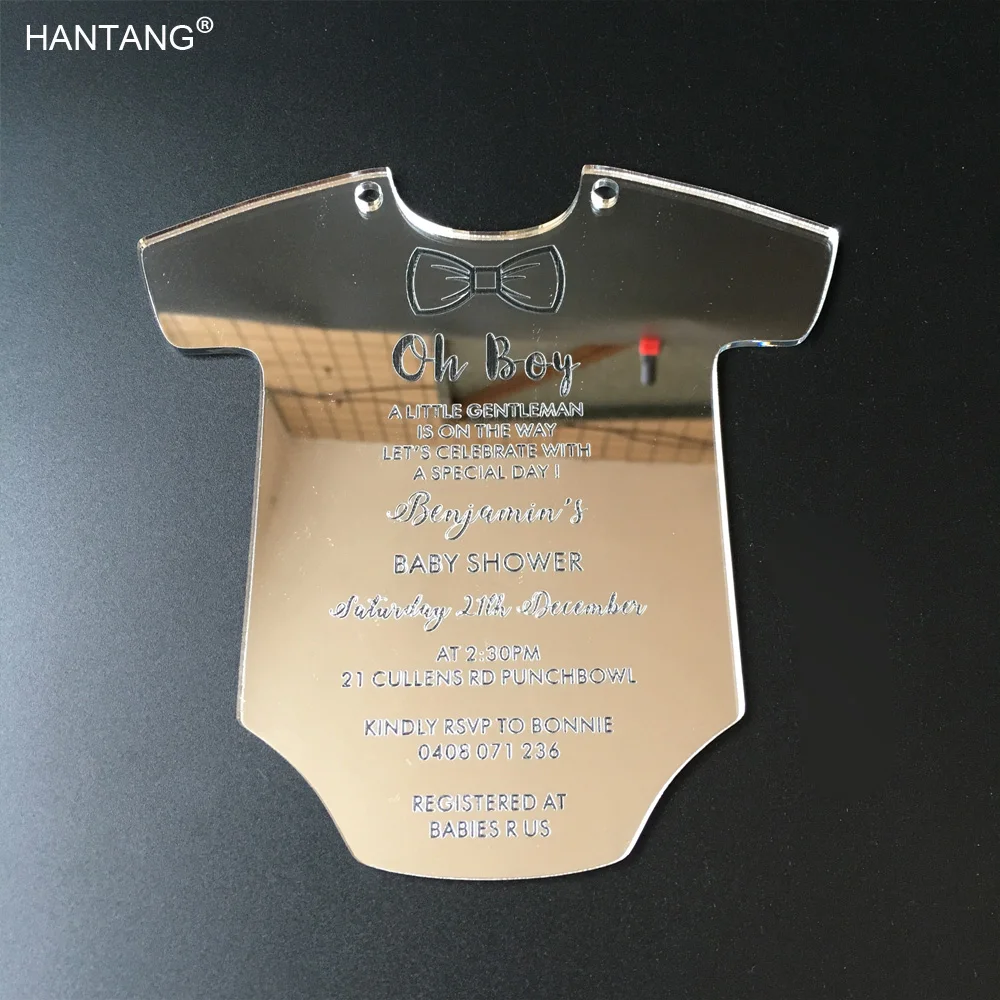 

Customized Baby Dress Shape Engraved 145x145mm Silver Mirror Acrylic Christening Invitation Card 100pcs per lot