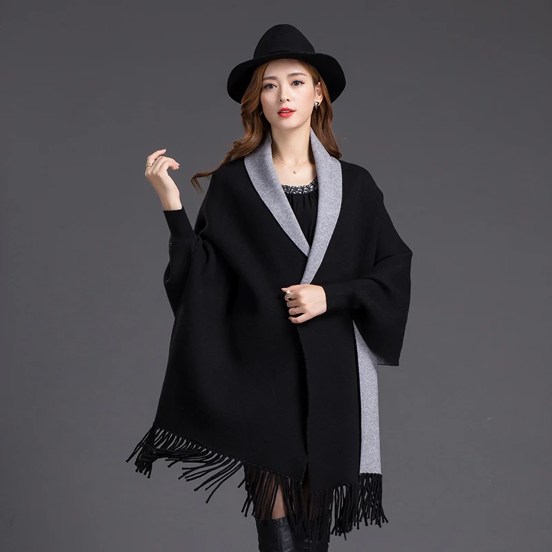 

Classic Black Female Cashmere Poncho Women's Long Tassel Chal Stole Tippet Winter New Brand Pashmina mantilla Echarpes 112603