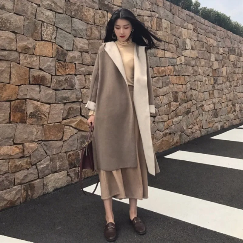 

Women's new autumn and winter popular woolen coat loose casual hooded woolen coat female solid color long tops
