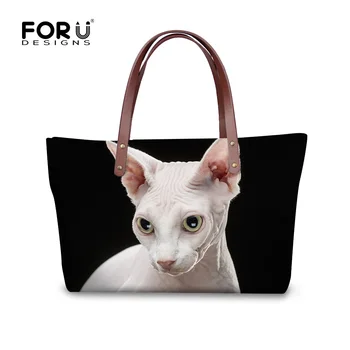 

FORUDESIGNS Women Handbags Canadian Hairless Cat Printing Womens Shoulder Bags Cat Fans Tote Female Large Black Messenger Bags